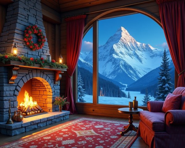 Cozy Cabin Interior with Stone Fireplace and Mountain View