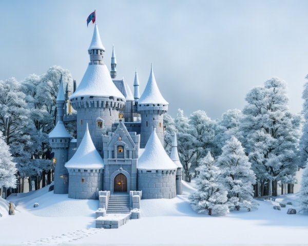 Majestic Ice Castle in Serene Winter Landscape