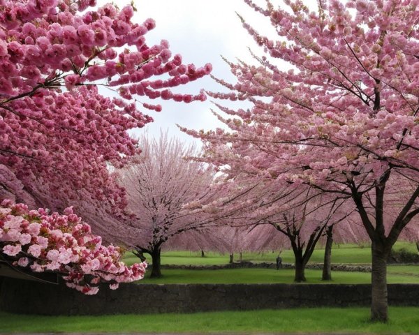 Blooming Cherry Blossom Trees in Serene Landscape