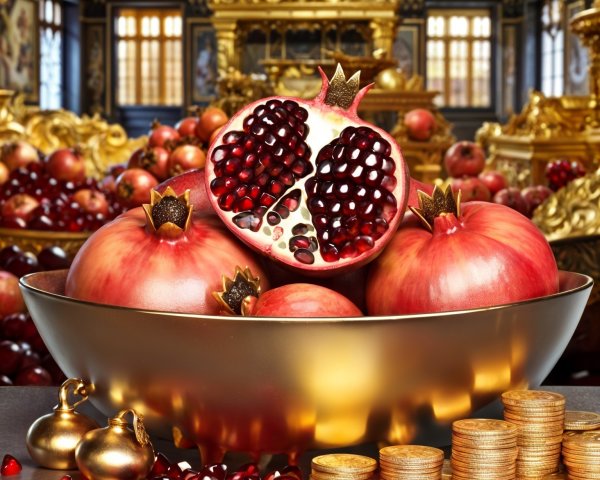 Lavish Golden Bowl with Ripe Pomegranates and Coins