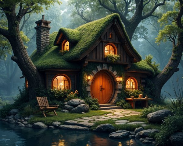 Whimsical Cottage in a Lush Green Forest Setting