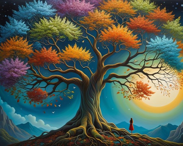 Surreal Tree with Colorful Leaves and Moonlit Landscape