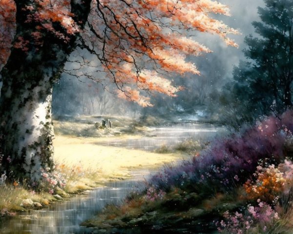 Serene landscape with red-leaved tree and stream