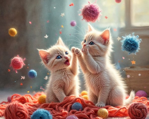 Playful Kittens with Yarn and Pom-Poms in Cozy Light