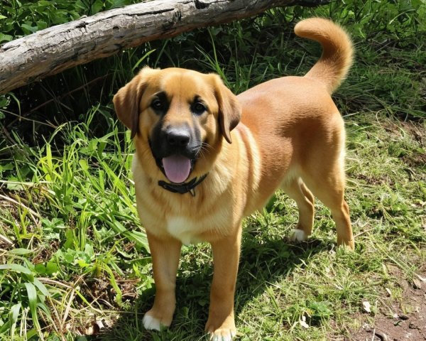 Golden-brown dog in sunny grassy area with foliage
