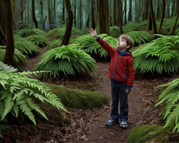 Young Boy in Red Jacket in Lush Forest Setting