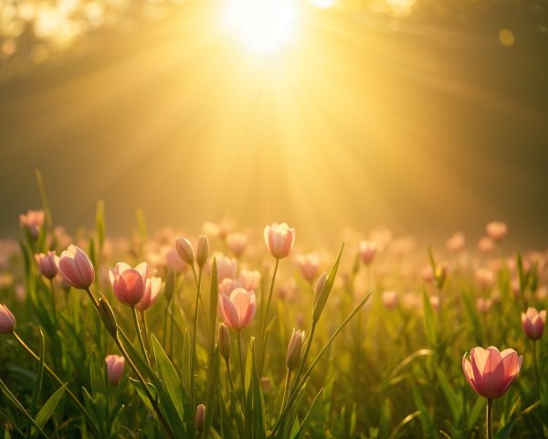 Blooming Tulip Field at Sunrise with Misty Light