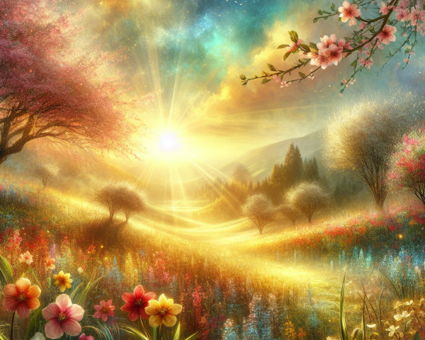 Vibrant Dawn Landscape with Blooming Flowers and Hills
