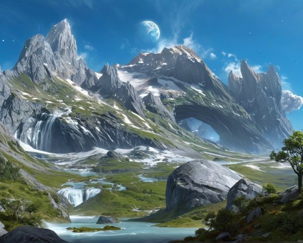 Majestic Mountain Landscape with Rock Arch and Waterfalls