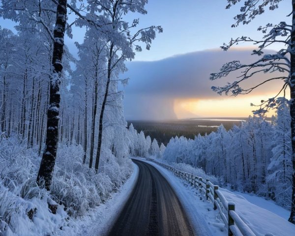 Winter Landscape with Snow-Covered Trees and Road