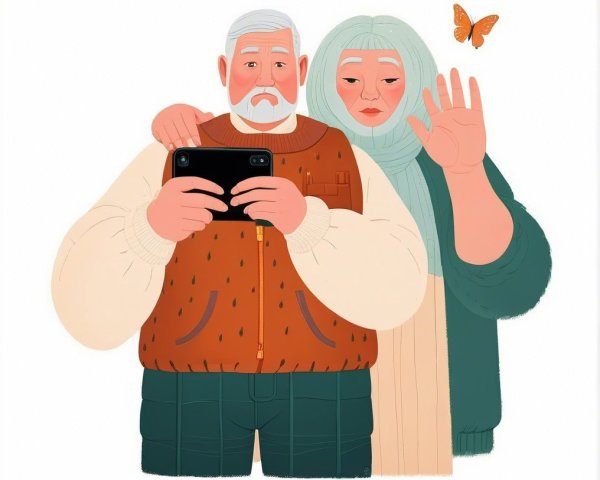 Elderly Couple with Smartphone and Butterfly Illustration