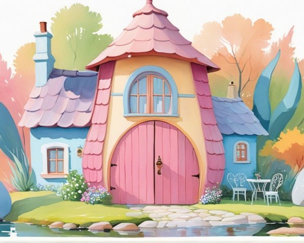 Whimsical Cottage with Vibrant Colors and Nature Surroundings