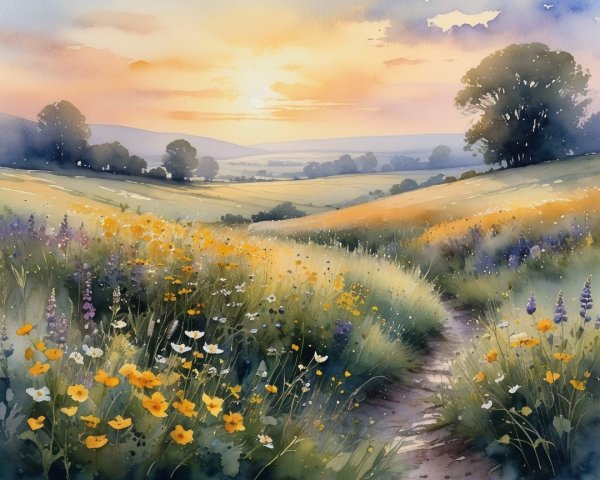 Serene Sunrise Landscape with Vibrant Wildflowers