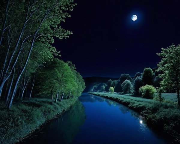 Tranquil Nighttime River Scene Under Full Moonlight