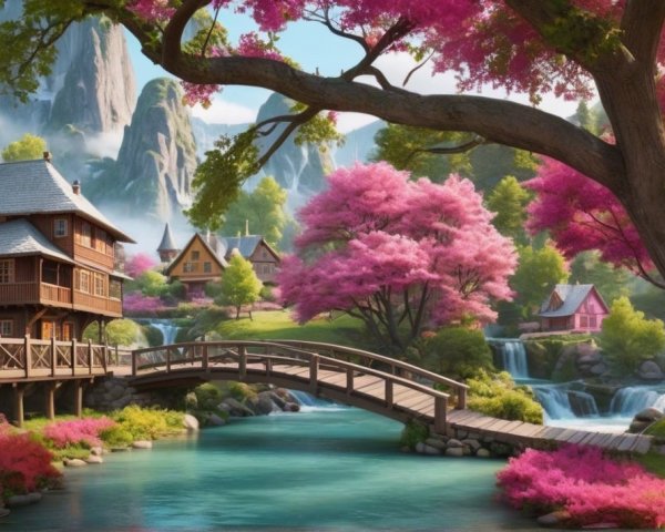 Serene Landscape with Wooden Houses and Waterfalls