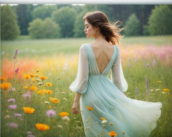Young woman in blue dress among vibrant wildflowers