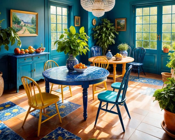 Brightly Colored Room with Blue Walls and Chandelier