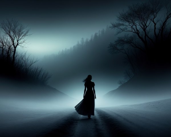 Solitary Figure on a Misty, Twilight Road