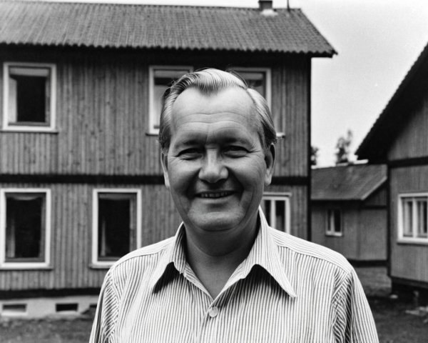 Smiling Man in Front of Wooden Buildings Outdoors