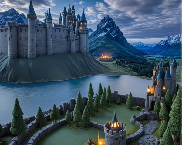 Castle on a Hill Overlooking a Serene Lake and Mountains