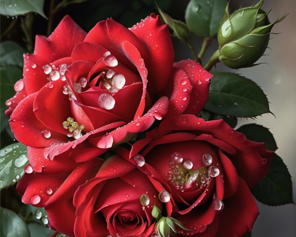 Close-Up of Dewy Red Roses with Green Leaves