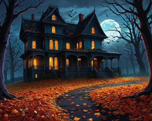 Victorian Mansion Under Full Moon with Autumn Leaves