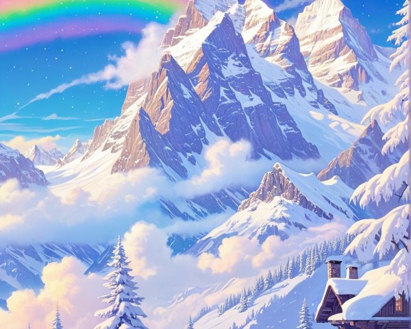 Winter Landscape with Snow-Capped Mountains and Rainbow