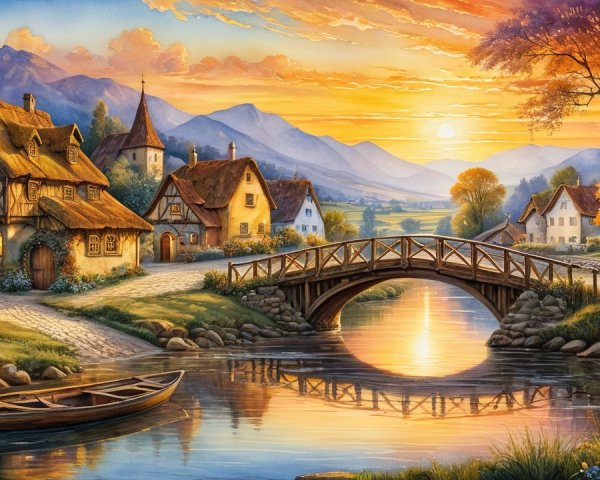 Serene Sunset Over a Picturesque Village Landscape