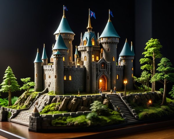 Miniature castle model with spires and greenery