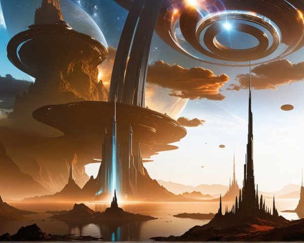Alien Landscape with Crystalline Structures and Celestial Bodies