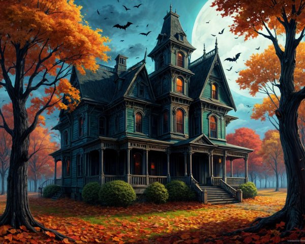 Victorian Mansion in Autumn Landscape with Full Moon