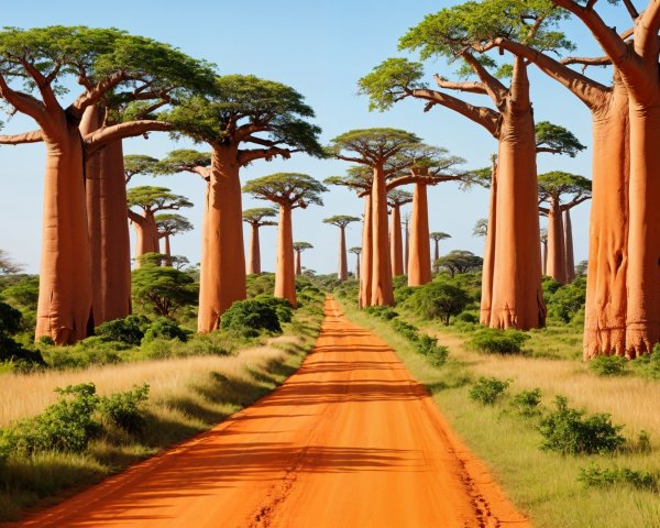 Dirt Road Surrounded by Baobab Trees and Greenery