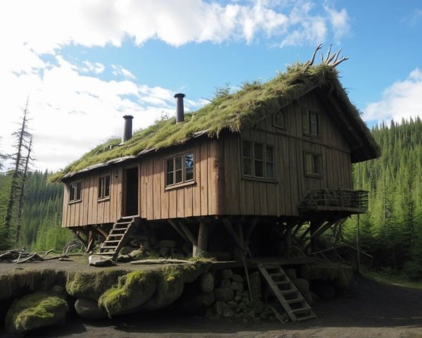 Wooden cabin on stilts surrounded by conifer trees
