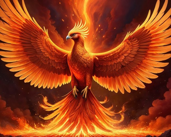 Majestic phoenix in flames with vibrant orange feathers
