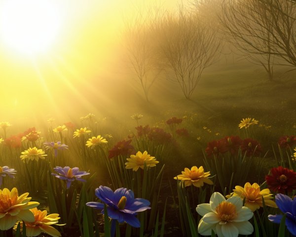 Serene landscape with vibrant flowers and silhouetted trees