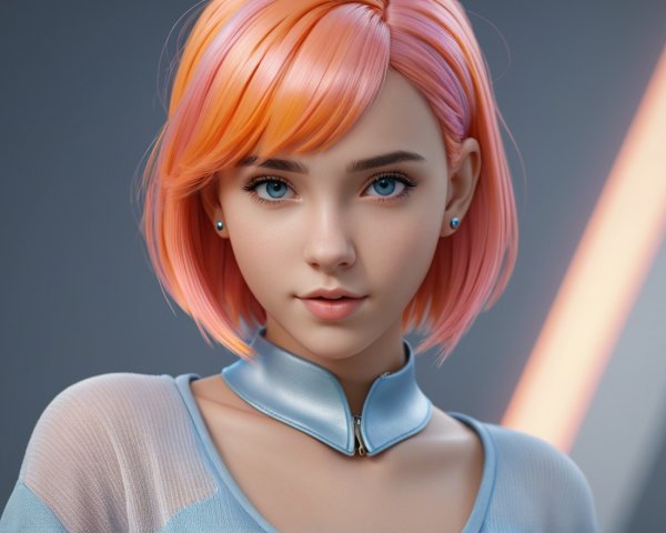 Character with Pink Hair and Blue Eyes in Soft Lighting