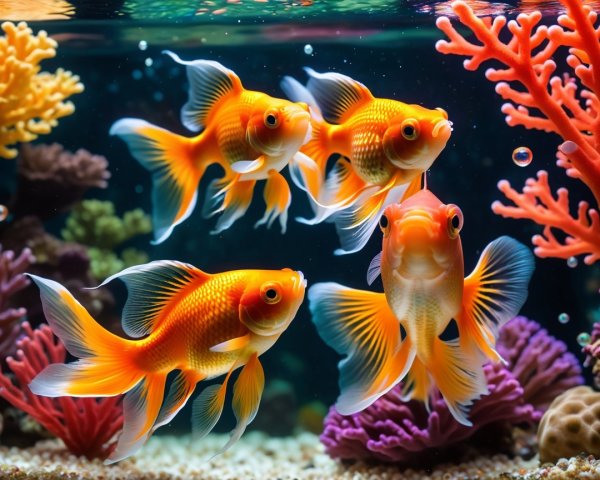 Vibrant Aquarium Scene with Goldfish and Coral Decor