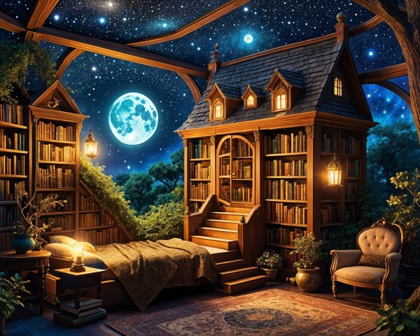 Cozy Wooden Library Under Starry Sky with Moonlight