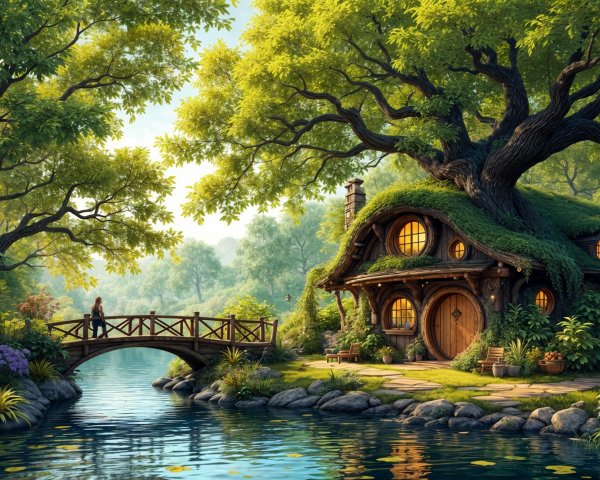 Whimsical Cottage by Serene River with Lush Greenery