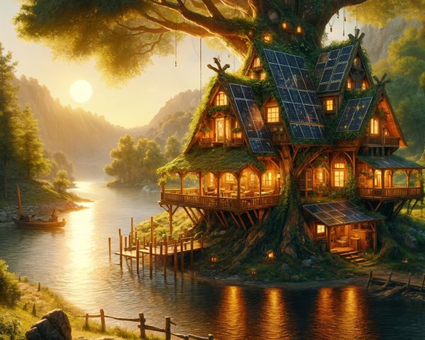 Whimsical Treehouse by Serene Riverside at Sunset