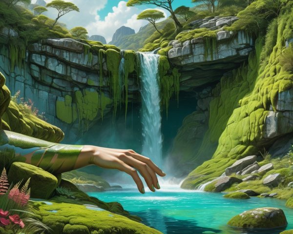Lush Landscape with Waterfall and Turquoise Pool