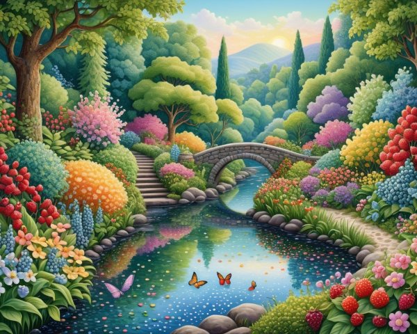 Vibrant landscape with serene river and colorful flora