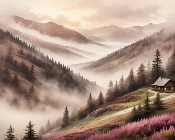 Cozy Cabin in a Misty Mountain Landscape at Twilight