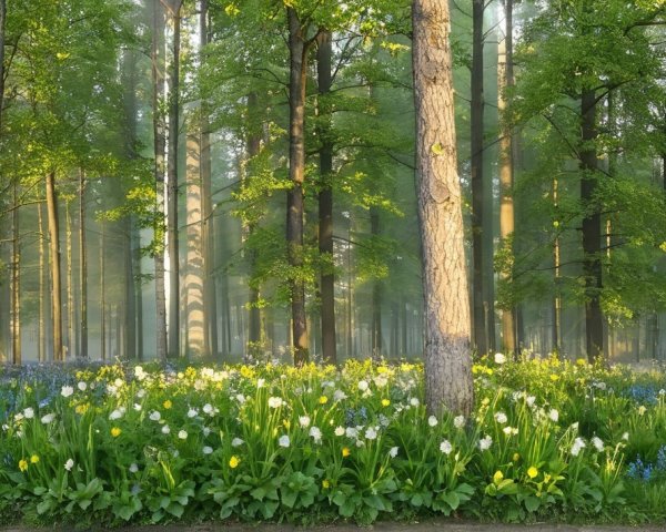 Tranquil Forest Scene with Morning Light and Flowers