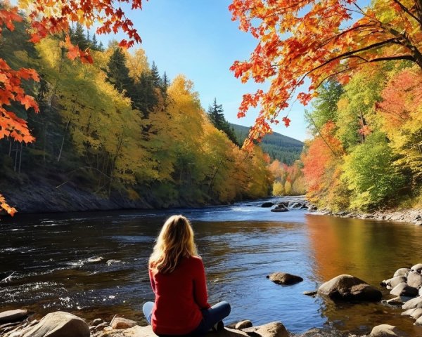 Serene autumn river scene with vibrant foliage colors