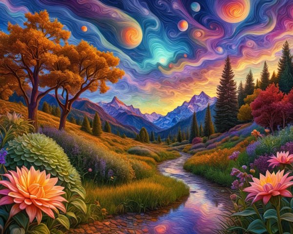 Vivid Landscape with River, Mountains, and Colorful Sky