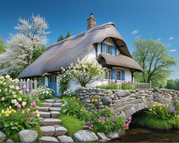 Thatched-Roof Cottage by a Serene Lake with Gardens