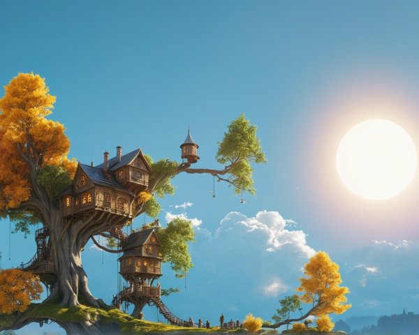 Whimsical treehouse in a golden-leaved tree