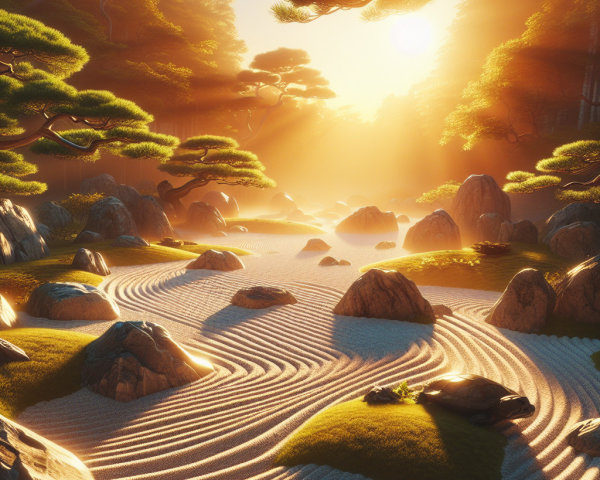 Serene Landscape with Rolling Sand Patterns and Garden