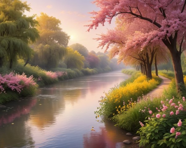 Serene Spring Riverside Scene with Cherry Blossoms